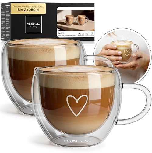 ElbFuchs Cappuccino Tassen Glas doppelwandig mit Henkel 2x 250ml, Herz Thermogläser für Cappuccino & Kaffee – isolierende Kaffeegläser mit Schwebeeffekt – spülmaschinenfest