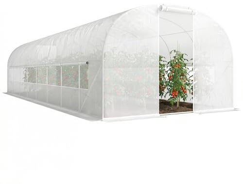 Outsunny Serre Tunnel de Jardin 24m², Serre de Jardin Tunnel 295x798x198cm avec Cadre en Acier galvanisé, Portes et 2 Grandes fenêtres, bâche PE Haute densité 140 g/m² prolongée de 20 cm, Blanc