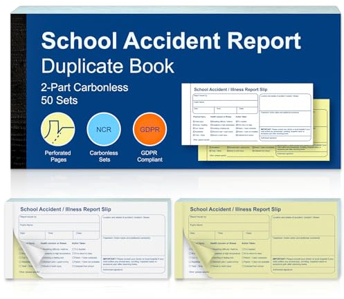 1 Pack School Accident Report Book 99mm x 210mm Incident Report Duplicate Book 2-Part 50 Sets Accident Report Book with Both Copies Perforated for Schools Nurseries Educational Institutions