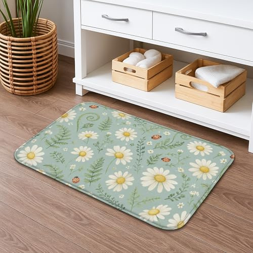 Badematte mit Blumenmuster, schnell trocknend, Vintage-Stil, Chrysantheme und Farne, saugfähig, rutschfest, Frühlingsdekor, Flanell, waschbar, Badteppiche für Badezimmer, WC, 50,8 x 81,3 cm