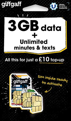 Giff Gaff Sim Card with 3GB Data and Unlimited Minutes and Texts, No Contract (£10.00 Top-Up Upon Activation Required)