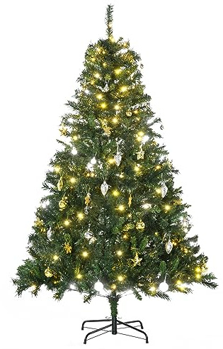 HOMCOM Árbol de Navidad con Luces LED Árbol Artificial Ø112x180 cm Verde | 180 cm, 745 Ramas, Bolas Adornos, Soporte de Metal