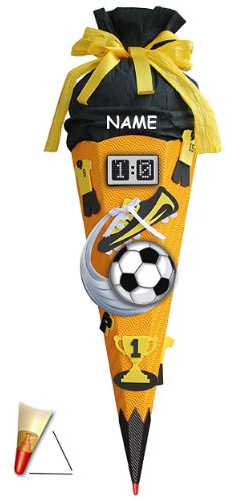 BASTELSET Schultüte Fußball 85 cm incl. Name - mit Holzspitze - 6 eckig Fußballer Fussball Sport Jungen Gelb Schwarz - Zuckertüte Roth - ALLE Größen