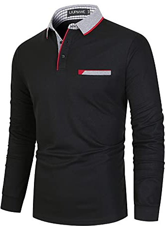 LIUPMWE Mens Long Sleeve Polo Shirts Contrasting Premium Cotton Casual Golf Tennis T-Shirt M-3XL,L,Black-27