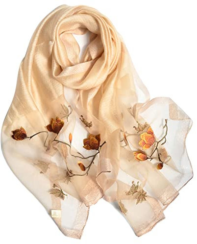 AIEOE Foulards en Soie Femme Imprimé Floral Echarpe Longue Châle Léger Elégant Cadeau Silk Scarf Or