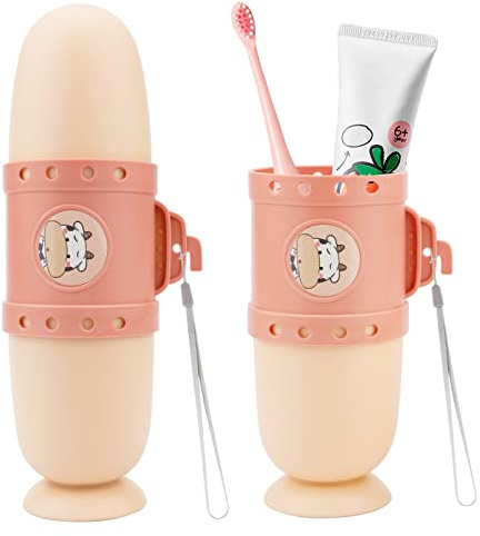 Pwsap Porte-Brosse à Dents de Voyage pour Enfants, Gobelet à Brosse à Dents 3 en 1 en Forme de sous-Marin, antibactérien, étui à Brosse à Dents pour Voyage, Famille, Camping, école (Rose)