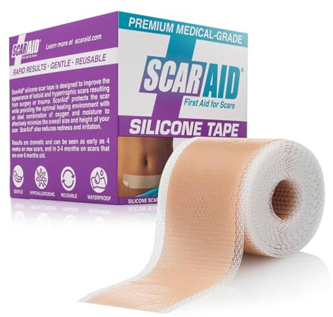 ScarAid Silicone Scar Tape Premium-Grade for Surgical Scars, C-Section, Keloid & Hypertrophic Scars, Reusable Silicone Tape, Scar Patches for Healing, Reduces Redness & Irritation