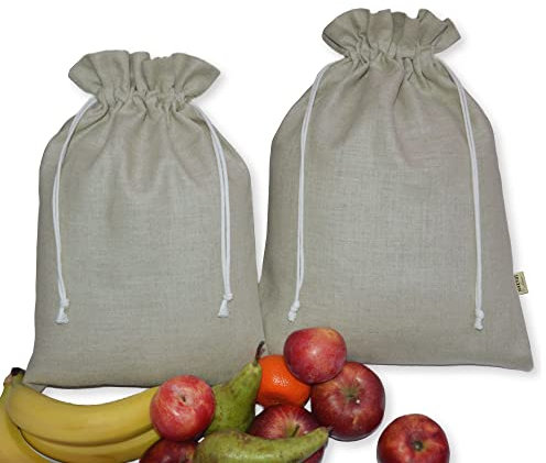 MARKUS Linen 2er Set Leinenbeutel - 1x 28x41 cm + 1x 34x45 cm - mit Kordelzug - Stoffbeutel Brotbeutel Obst & Gemüsebeutel - wiederverwendbar - unbedruckt - 100% Naturleinen - ÖKO-TEX Zertifiziert