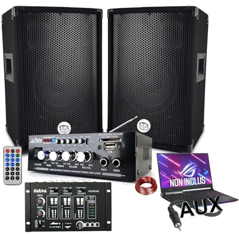 Pack sono 600 W, amplificador USB Bluetooth + 2 altavoces 300 W + mesa de mezclas USB, cableado completo, PA DJ SONO MIX Night Home BAR