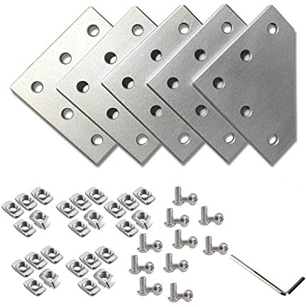 CHALKE Aluminium-Strangpressverbinder, 5 Löcher, 2020, Aluminium-Strangpressverbinderplatten-Set, 10 Stück, Silberfarben, L-förmiger Aluminium-Profilverbinder, Außenverbindungsplatte