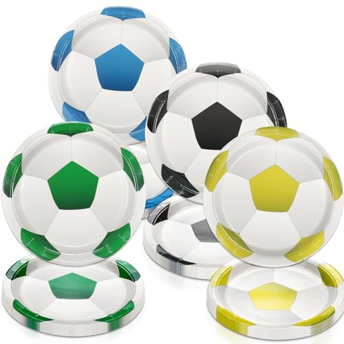 PTECDROTS 40 piezas de decoraciones de fiesta de fútbol, incluyendo platos con patrón de fútbol de 9 pulgadas, platos desechables para eventos deportivos de niños y suministros de fiesta de cumpleaños