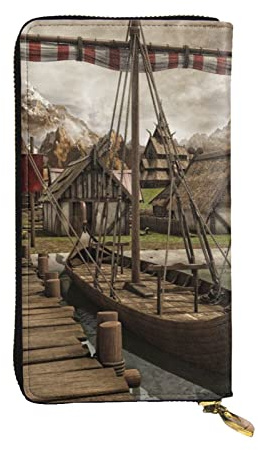 JCAKES Portafoglio lungo in pelle vecchio vichingo barca portafoglio carte portafogli in pelle portafogli da viaggio portafogli, custodie per carte e organizer per denaro, Nero , Taglia unica, Moderno