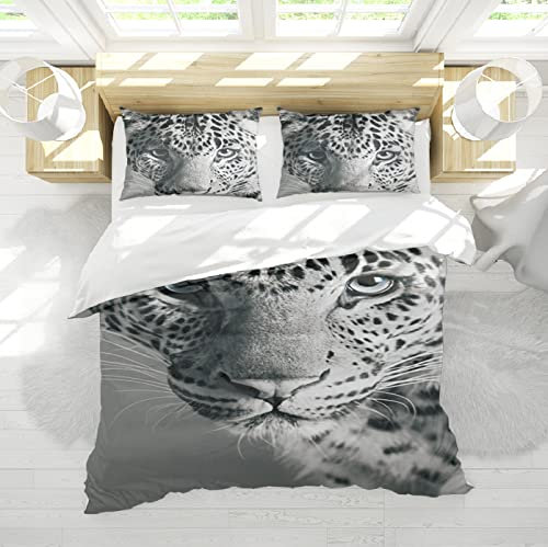 HOBBOY 3-teiliges Bettbezug-Set mit Leopardenmuster, 1 Bettbezug mit Reißverschluss, 4 Eckbänder, 2 Kissenbezüge, Keine Laken, graue Bettwäsche-Sets 200x220 cm