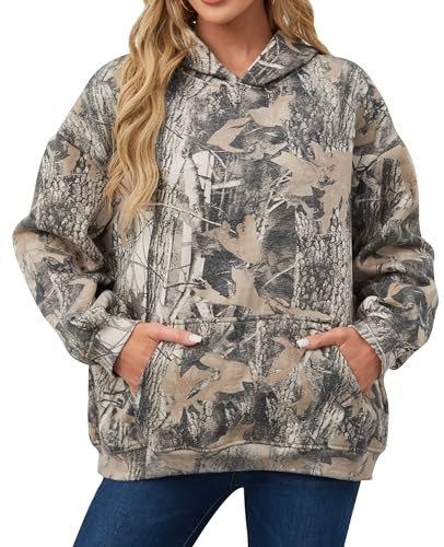 Eutten Womens Camo Hoodies Maple Leaf Print Oversized Sweatshirt Pullover Sweatshirts Long Sleeve with Pocket Fall Outfits