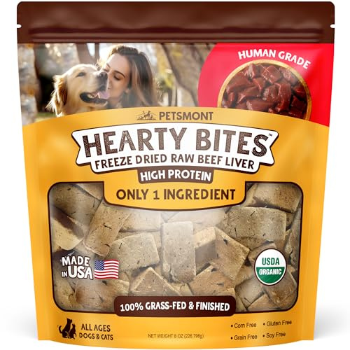 Petsmont Hearty Bites - Organic Freeze-Dried Beef Liver Dog Treats Single Ingredient All Natural, Preservative Free, No Filler Beef Treat for Dogs High Protein Dog Snacks Made in the USA - 8oz