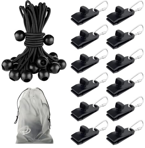 Set of 12 PCS Tarp Clips, Heavy Duty Tarpaulin Clips, Tent Clips Clamps for Camping Tarps, Awnings Canvas Tarp Clamps, Carabiner and Elastic Cord for Outdoor Camping Caravan Shade Boat Pool Cover