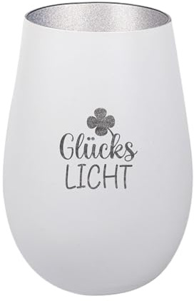 Der-Porzellan-Laden Windlicht mit Gravur GlücksLicht Weiß Silber | Teelichthalter aus Glas mit Spruch, Tischdeko modern