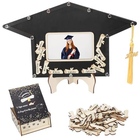 DKINY Abschluss Geschenk 2024 Schulabschluss Gästebuch Holz mit Bilderrahmen Schwarz Fotorahmen zum Graduation Dokotorhut Holzrahmen Abschlussgeschenk für Abschlussfeier Uni Abtiur Studium Bachelor