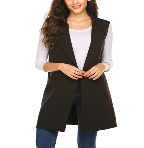 CuLtP Blazer con Gilet Senza Maniche da Donna, Gilet da Ufficio con Colletto Classico, Gilet Aperto sul Davanti con Cardigan Superiore con Tasche, Giacca con Spolverino E Gilet Lungo