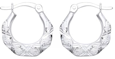 925 Sterling Silver Diamond Cut Frosted Hexagon Creole Hoop Earrings Ladies/Girls