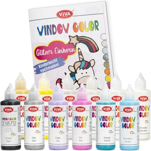LM-Kreativ Window Color Set Glitter Unicornio – Sumérgete en un mundo lleno de colores con 12 x 80 ml Window Colour colores a base de agua + cuaderno de plantillas con 35 diseños de unicornios