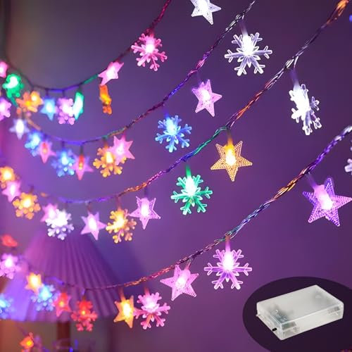Swsdee Cadena de Luces LED con pentagrama de10 m y Copo de Nieve,con Batería Guirnalda Luces Decoración Navideña Cadena de Luce, Fiesta de Navidad, para Decoración Interior Bodas Fiesta