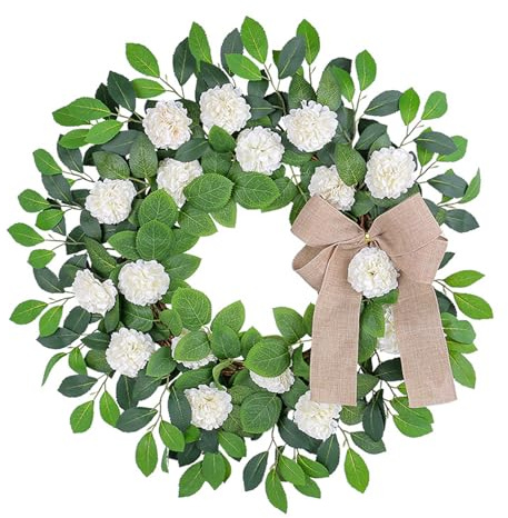 NFNSIG 21.65in Hydrangea Wreaths for Front Door, Artificial Snowball Hydrangea Wreath with Green Leaves, Spring Summer Farmhouse Wreath, Elegant White Floral Wreath for Wall Window Home Decor