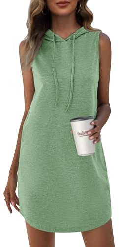WNEEDU Vestido Mini Sudadera de Verano para Mujer Vestidos sin Mangas con Capucha y cordón Verde Guisante L