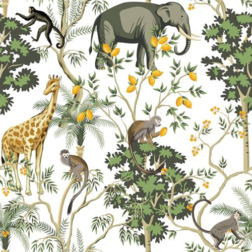 VEELIKE Carta da Parati Esotica Tropicale Giungla Carta Adesiva per Mobili Fantasia Elefante Giraffa Scimmia Fotomurali Carta Parati Floreale per Cameretta Bambini Bagno Autoadesiva 44.5cm×300cm