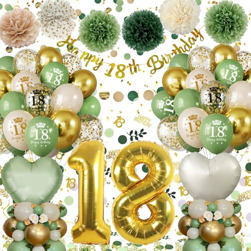 Deko 18. Geburtstag Mädchen Junge, 18 Geburtstag Deko Grüne Gold | 18. Geburtstag Mädchen Junge Deko,Happy 18th Birthday Banner,Luftballons Geburtstagsdeko 18,Herz Folienballons,Pompons