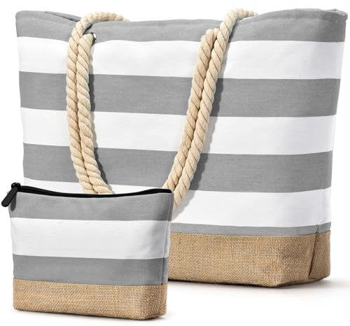 oscaurt Strandtasche Badetasche XXL Shopper Tasche Damen Umhängetasche Wasserdicht Beach Tote Bag mit Reißverschluss Faltbare Reisetasche Travel Bag Sporttasche (Leer-Hellgrau)