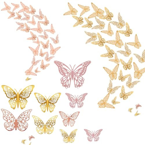 Dinghaole 72 Pcs 3D Butterfly Wall Stickers, Butterfly Cake Decorations, Rose Gold Gold Hollow Butterfly Personalised Wall Stickers, Butterfly Decals for Kids Bedroom Classroom Wedding Decor DIY Gift