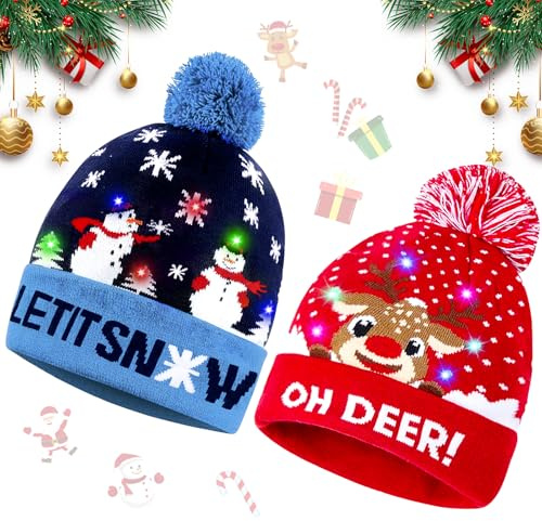 Seasboes LED-Weihnachtsmütze, Weihnachtsmütze Kinder, LED-Lichtern Mütze Weihnachten, Leuchtend Weihnachtsmützen, Weihnachtsmützen Einheitsgröße für Erwachsene und Kinder Geschenke (Elch Schneemann)