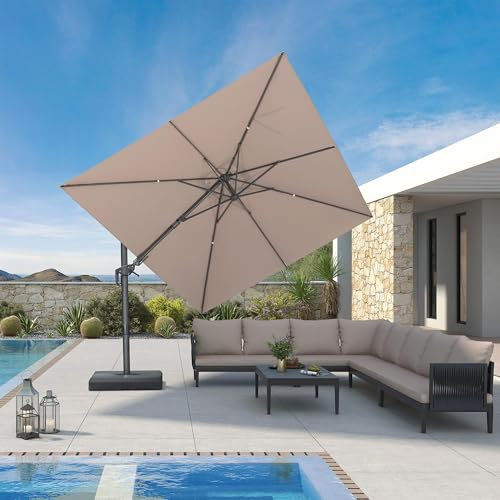 PURPLE LEAF 2.7 X 3.65 M Garden Cantilever Parasol, Swivel Rectangle Patio Umbrella with 3-Year Fade Resistance Recycled Fabric, with Crank Handle and Tilt for Balcony and Outdoor, Taupe