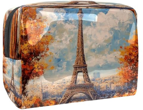 Borsa per cosmetici da donna, con torre di pittura a olio, motivo alberi di acero, borsa da viaggio per articoli da toeletta grandi, in PVC, pratica custodia organizer con cerniera, Multi