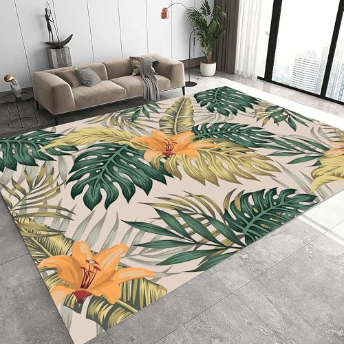 Kuluoits Leaves Area Rug, 100x150cm, Green Living Room Rug, Monstera Flowers Leaf Throw Rugs Art Tropical Leaves Rugs, Washable Soft Carpet for Bedroom Bathroom Office 3D Decor Carpet Non Slip
