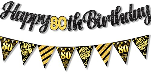 ParPix 2 Stück 80 Geburtstag Deko Girlande, Schwarz Gold Banner Deko 80 Geburtstag Mann Frau, 80. Geburtstags Deko Girlande, 80er Jahre Happy Birthday Banner, 80 Geburtstags Mann Geburtstagsgirlande