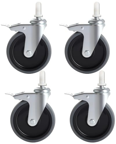 5 Inch Swivel Stem Caster Set of 4, Heavy Duty 7/16 Stem Diameter Rubber Wheelwith Brake,Smooth Rolling TPR Replacement Wheels for Rubbermaid Models 7570-L2,7571,7580,7581,7582 7583