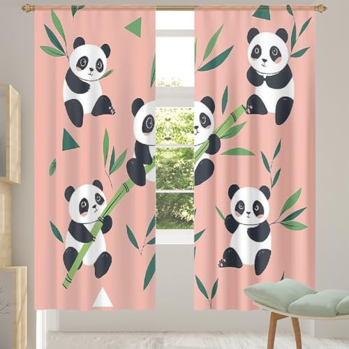 Halbtransparente Bambus-Vorhänge, Motiv: süßer Panda, mit Schlitzen, für Wohnzimmer und Schlafzimmer, Fensterbehandlungen (140 cm breit x 198 cm lang, 2 Stoffbahnen)