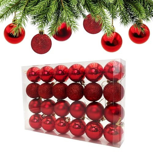 AiTodos® 24 Bolas de Navidad Juego, Bolas Rojas Navidad 5 cm, Decoración Navideña de Plástico, Utilizadas para Fiestas, Bodas, Cumpleaños, Aptas para Interiores y Exteriores(Rojo)