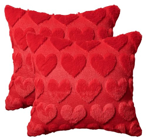 Artoid Mode Rot Weich Künstliche Pelz Herz Valentinstag Kissenbezüge 2er Set, 40x40 cm Plüsch Samt Sofakissen Zierkissenbezug Schlafzimmer Deko