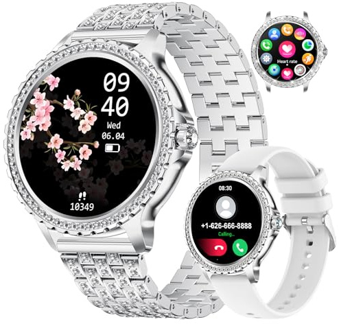 LIGE Montre connectée Femme Bluetooth Appels pour Android iOS 1,32 HD Full Touch Screen Smartwatch Diamant Argent Acier,Fréquence Cardiaque,Moniteur de Sommeil,Podomètre,Calories,100+ Mode Sport