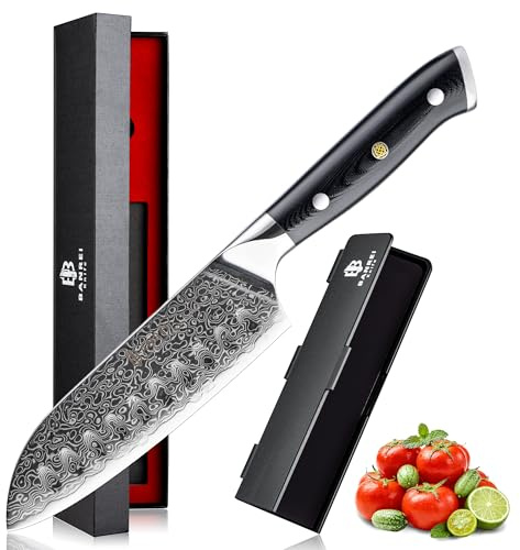 BANREI Couteau Santoku Japonais 13cm – Lame Brut de Forge – Acier Damas 67 Couches 10Cr15CoMoV 62HRC – Couteau Cuisine Ultra-Tranchant – Manche G10 Noir & Coffret Cadeau Premium