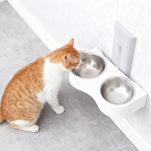 Yechiry Wall Mounted Pet Feeding Bowl, Stainless Steel Anti Tip Wall Pet Dish Feeding Station, Separate Food Water Adjustable Height Double Bowls for Cats Dogs 12.7 X 12.1 X 6.1in (Grey White)