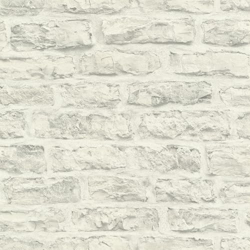 Rasch Carta da parati in tessuto non tessuto 498318 – Carta da parati effetto pietra 3D in bianco e grigio – Brick – Collezione Factory VI