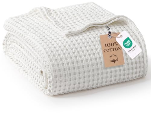 Exclusivo Mezcla 100% Baumwolldecke Tagesdecke für Sommer 150x200 cm | Baumwolle Decke als Bettüberwurf mit Waffelmuster, Sommerdecke, Weich, Leicht und Atmungsaktiv, für Bett und Sofa, Weiß