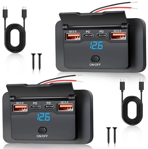 2 Piezas Toma USB 12V Montaje en Pared 76W Doble PD 36W y Doble QC3.0 18W | 4 Puertos Toma Cargador de USB 12 Volt para Coche Cargador USB 12V Camper con Interruptor Botón para Autobús RV Camión Marina
