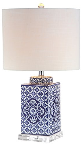 JONATHAN Y 23 Blue and White Chinoiserie Ceramic Table Lamp, Traditional Hand-Painted Bedside Lamp for Living Room Bedroom, White Linen Drum Shade, LED Bulb Included JYL3006A