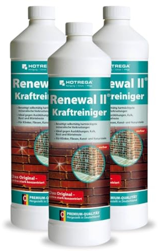 HOTREGA Renewal II Kraftreiniger Konzentrat 3x 1L | Zementschleierentferner | Löst Kalk, Rost, Mörtel, Ausblühungen | Für Fliesen, Klinker, Natur- & Kunststein | Profi Intensivreiniger bis 300 m²