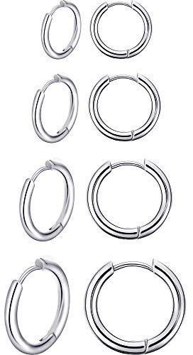 4 Paare Edelstahl Creolen Ohrringe Kleine Knorpel Hoop Ohrringe Nase Lippen Ringe für Männer und Damen (8 mm, 10 mm, 12 mm, 14 mm, Stahlfarbe)